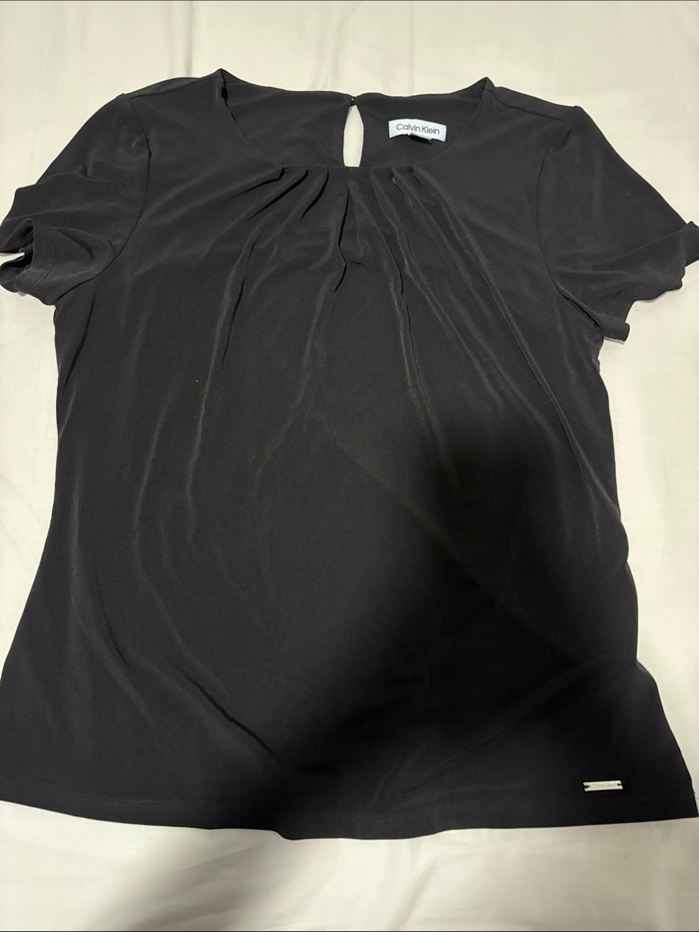 Calvin Klein Black Short-Sleeve Pleated Keyhole Blouse